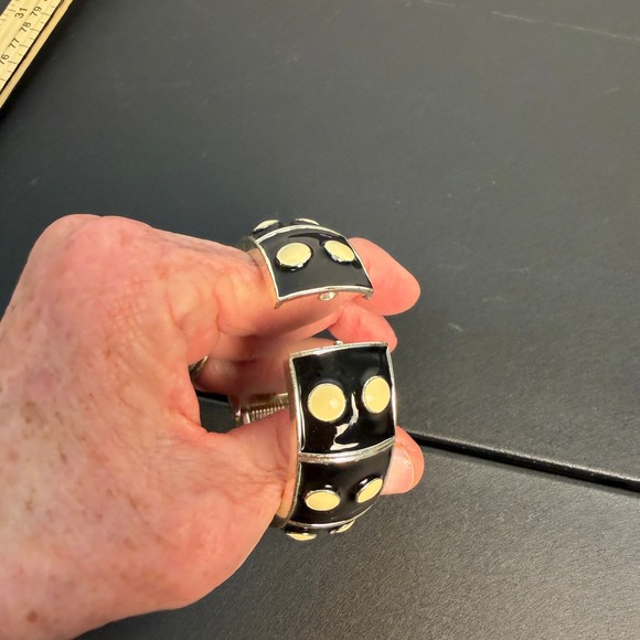 Premiere Design Enamel Black and Cream Polka Dot Hinge Bracelet Cuff - Picture 3 of 11